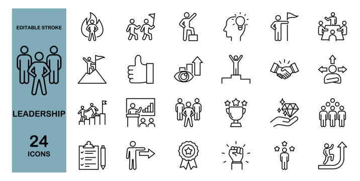 Leadership line icons set. Business, leader, success and teamwork. Editable stroke. Vector illustration	