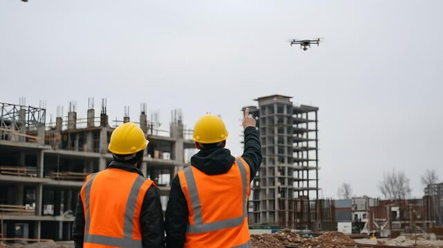Construction workers observing drone flight over building site