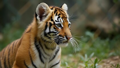 Fototapeta premium Young tiger rests quietly under natural sunlight in a lush green habitat during a calm afternoon Generative AI