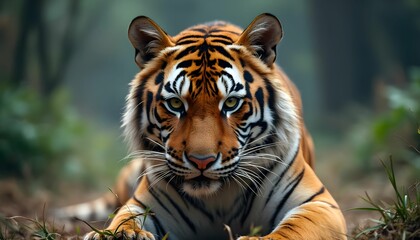 Obraz premium Majestic tiger resting in a serene jungle environment, showcasing its striking features and powerful presence during early morning hours Generative AI
