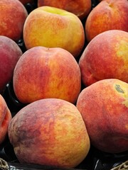Fresh and ripe peaches displayed at local market ready for summer recipes and snacks