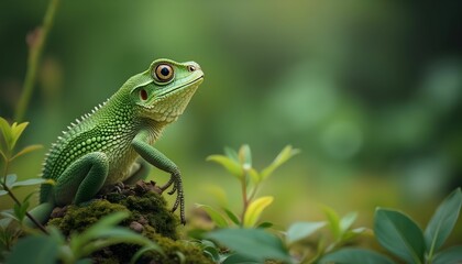 Obraz premium Vivid green frog perched on moss in a lush forest setting under soft natural light during early morning or late afternoon Generative AI