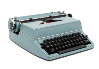 PNG cut out isolated background. A vintage light blue portable typewriter with black keys and a silver carriage is presented at an angle. 