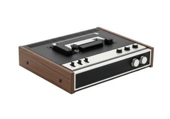 PNG cut out isolated background. Vintage Philips Cassette Recorder with Wood Grain. 
