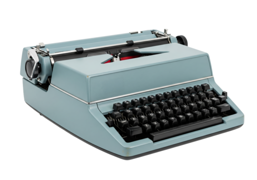 PNG cut out isolated background. A vintage light blue portable typewriter with black keys and a silver carriage is presented at an angle. 