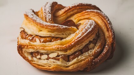 Close-up of a swirl Danish pastry with icing and detail on white background – danish wallpaper – bakery wallpaper – danish pastry image

