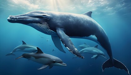 Fototapeta premium Majestic humpback whale swimming gracefully alongside playful dolphins in clear ocean waters during midday light Generative AI