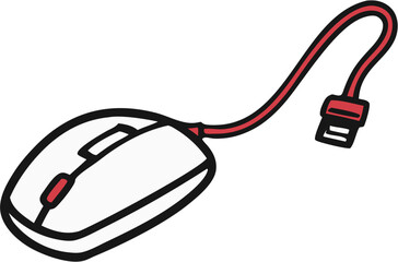Cartoon image of a white computer mouse with a red cable and black outline isolated on a white background