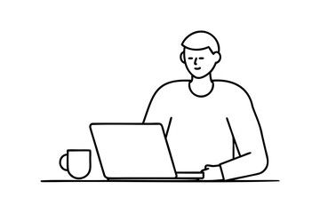 Man working on laptop computer at desk with coffee mug