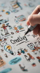 Close-up of hand drawing "Creativity" surrounded by various doodles, showcasing brainstorming and ideation process, symbolizing imagination, innovation, and creative thinking