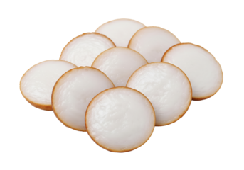 PNG cut out isolated background. Group of Round White Fish Cakes. 
