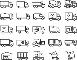 Set of 30 line icons related to truck, van, vehicle, cargo, moving, shipment, logistic, delivery, distribution, lorry, Editable stroke. Vector illustration