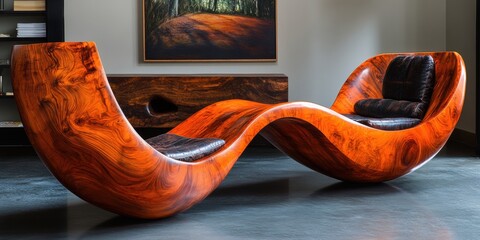 Unique Wooden Lounge Chair With Leather Cushions In Room Interior