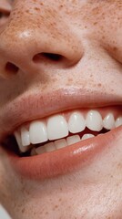 Obraz premium A cheerful close-up of a woman showcasing her bright smile and clear skin, radiating confidence and beauty in a natural way.