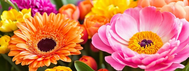 Vibrant Closeup of Orange Gerbera and Pink Peony Blossoms