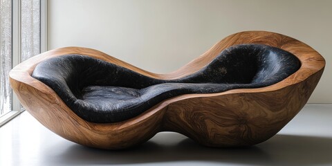 Unique Wooden Lounge Chair with Dark Leather Cushioning in a Minimalist Interior