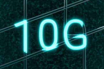 Glowing 10G inscription. Visualization of high-speed data transmission over a 10G network. Luminous lines move along optical fibers. 3d illustration.