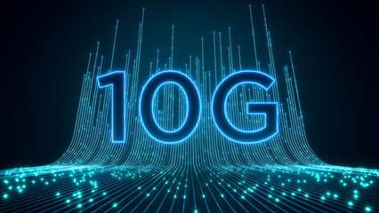 Glowing 10G inscription. Abstract visualization of high-speed data transmission over a 10G network. Luminous particles move along optical fibers. 3d illustration.