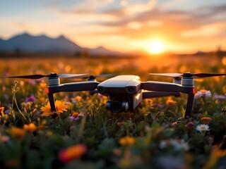 Drone in a flower meadow on a sunset close up