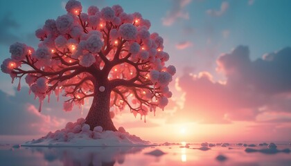 Winter sunset illuminating a decorated pink tree in a serene landscape with fluffy snow and colorful sky Generative AI