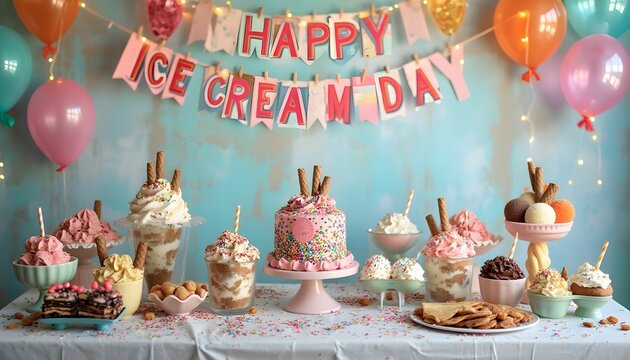 Celebrate ice cream day with colorful desserts, festive decorations, and various frozen treats at a joyful gathering in a cheerful setting Generative AI