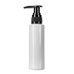 Obraz premium Sleek white bottle with black pump top suitable for lotions or liquid products on transparent background