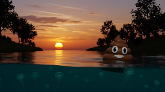 Floating emoji poop sunset water graphic