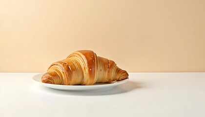 Perfectly golden croissant with empty space on a clean, light background, emphasizing its fresh and flaky texture
