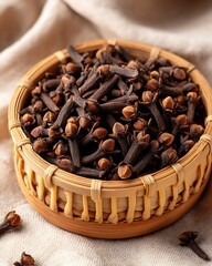 Obraz premium Spicy dried cloves styled in natural tray high resolution picture
