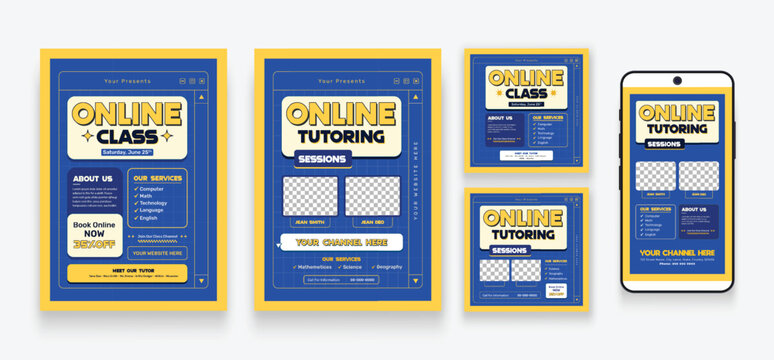 Online tutoring poster flyer, social media post templates, Pack