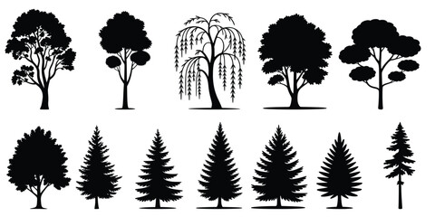 Set of tree silhouettes with various leaves and branches nature collection