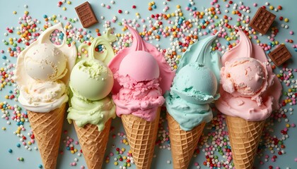 Colorful array of ice cream cones topped with sprinkles and chocolate in a playful dessert display at a summer celebration Generative AI
