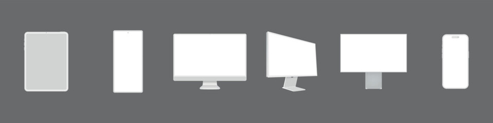 Clay Modern Realistic Computer Monitor, Tablet, Smartphone Vector Illustration with White Screen on gray background