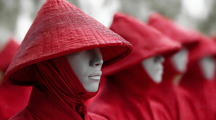 Masked figures in crimson robes evoke mystery and unity, reminiscent of Obon rituals and enigmatic winter solstice gatherings