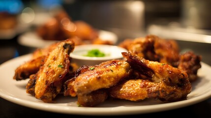 Fototapeta premium Hot crispy wings with ketchup-style sauce high resolution picture