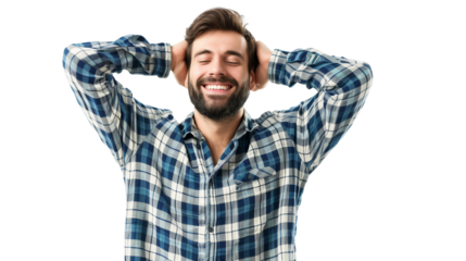 Smiling man with plaid shirt enjoying a moment of joy with hands behind his head on a transparent background