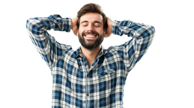 Smiling man with plaid shirt enjoying a moment of joy with hands behind his head on a transparent background