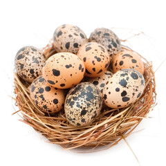 Obraz premium Beautiful decorative quail eggs nestled in a natural straw nest on a transparent background