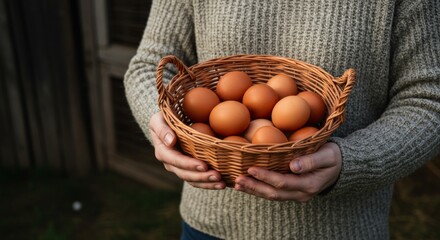 Man holding basket of fresh brown eggs outdoors in autumn