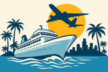 Cruise Ship and Airplane Travel Vector – Tropical Vacation Scene with Palm Trees and City Skyline