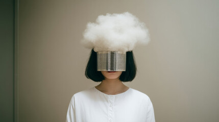 Asian female in avant-garde cloud-head fashion, whimsical surrealism echoes Dreamtime narratives, World Creativity Day celebration