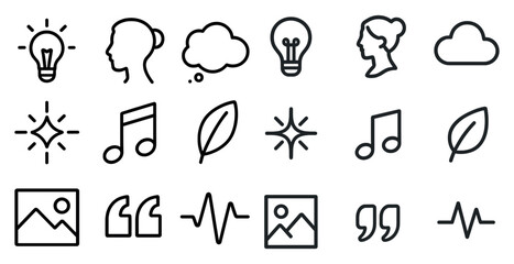 Modern simple icon set featuring heads, music, lights, and nature for creative design