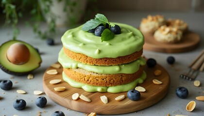 Delicious avocado cake topped with mint and blueberries displayed on a wooden board with almonds and other ingredients scattered around Generative AI
