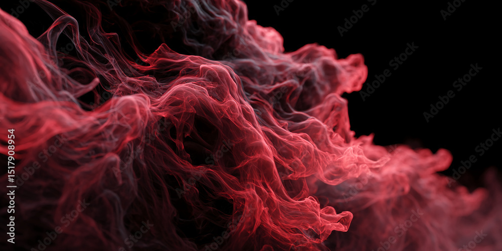 Poster abstract image of red and dark-gray smoke, swirling in dynamic patterns against a black background, 