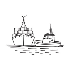 Obraz premium A tug positioned next to a moored cargo ship