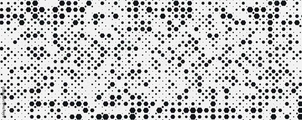 Poster Horizontal gradient of black and white hexagon halftone texture