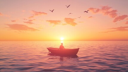 a lone fisherman in a small boat in the sea looking for fish with a view of the sunset