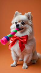 Pomeranian Dog with Red Bow Tie and Party Blower on Orange Background
