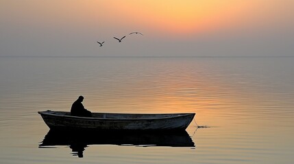 a lone fisherman in a small boat in the sea looking for fish with a view of the sunset