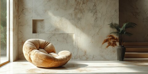 Curved Couch and Indoor Plants in a Light-Filled Room with Stone Wall Texture